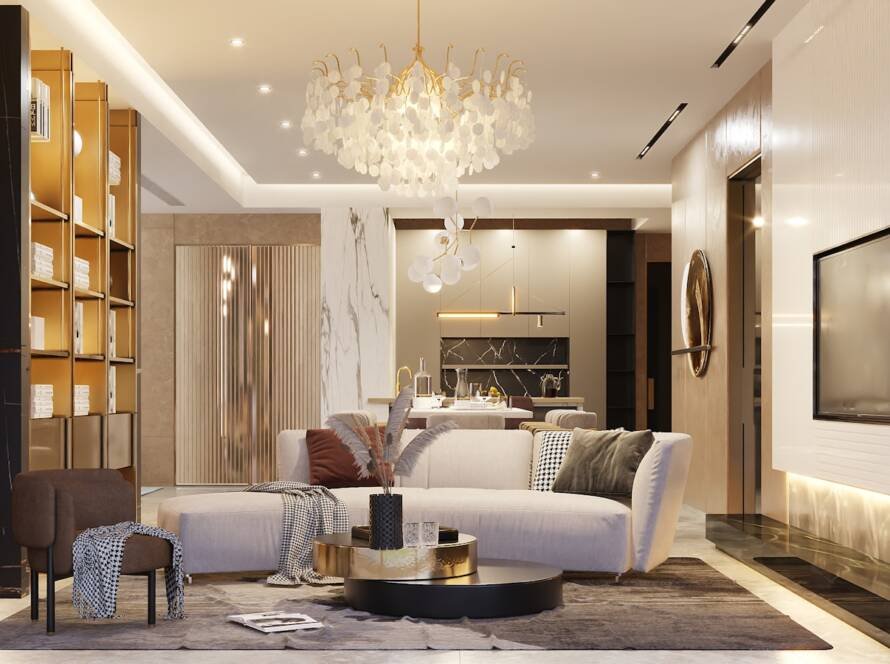 Modern living room with elegant furniture and decor.