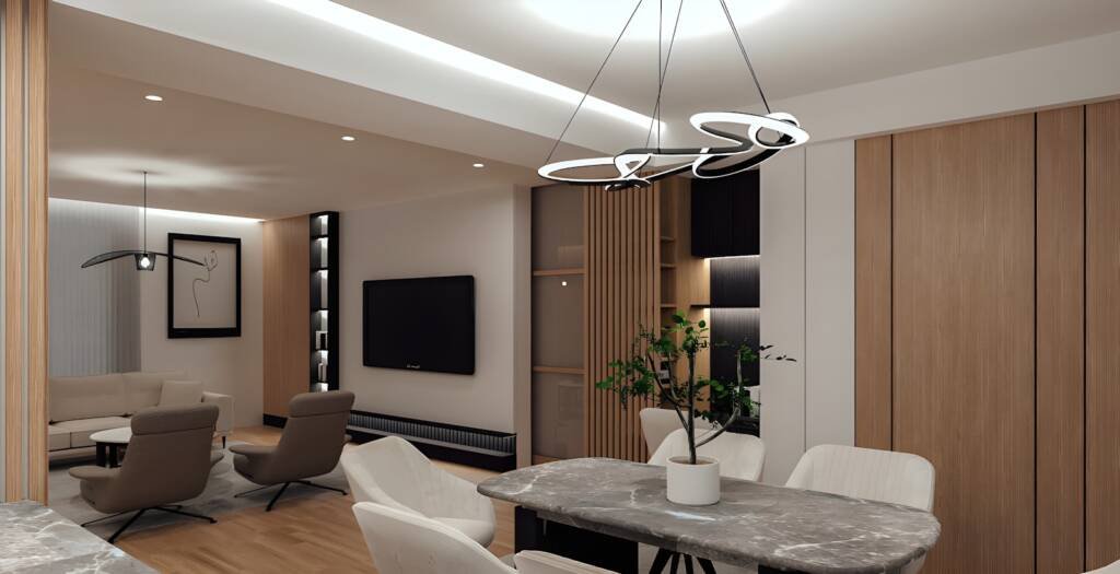 Modern dining room with marble table and chairs.