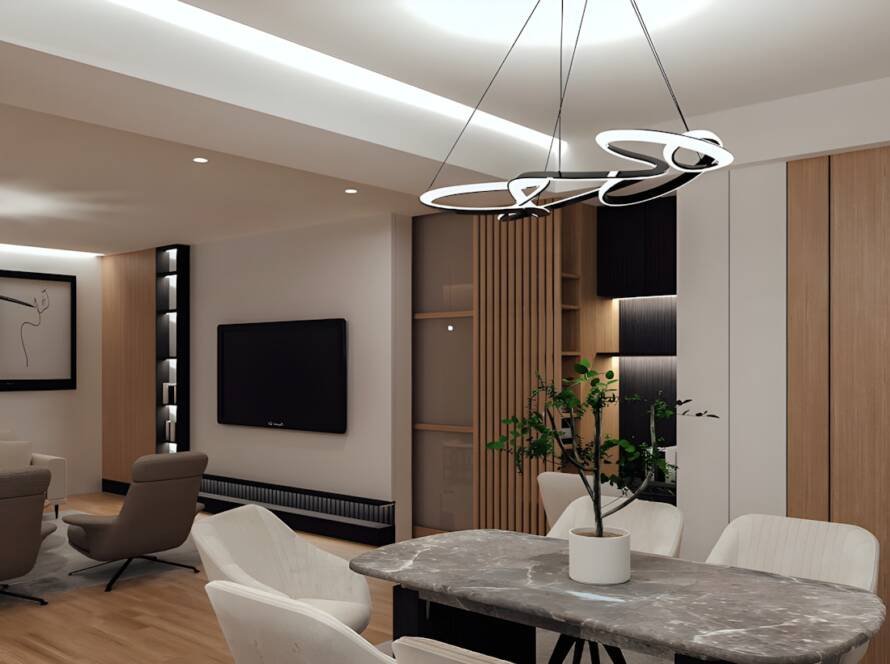 Modern dining room with marble table and chairs.